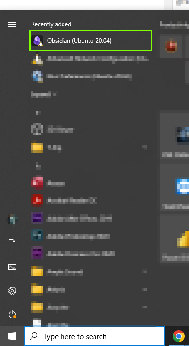 Windows Start Menu 'Recently added' list with 'Obsidian (Ubuntu-20.04)' highlighted in a green box