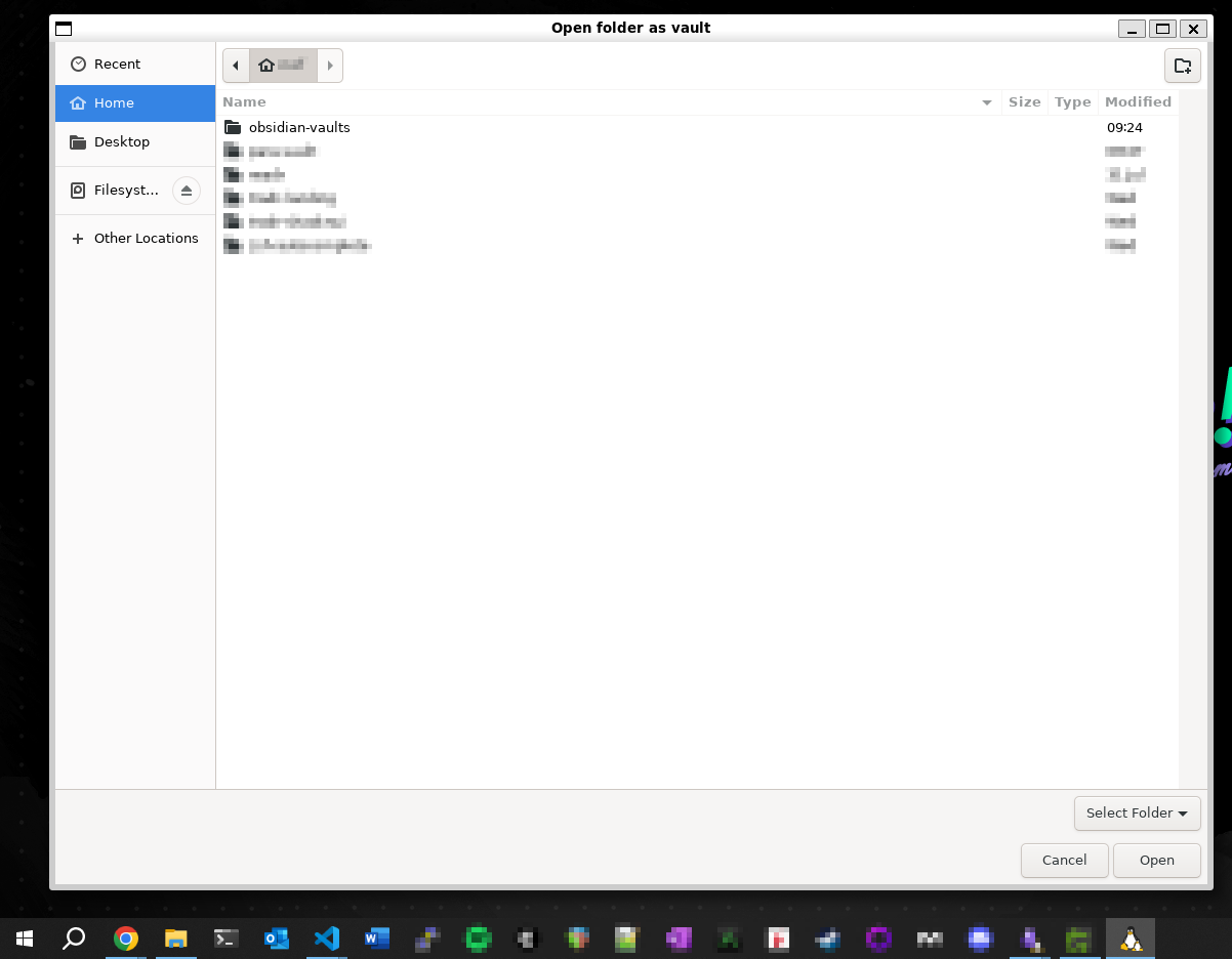 Obsidian's 'Open folder as vault' dialog — a Linux file picker — running on the Windows desktop, showing an obsidian-vaults folder