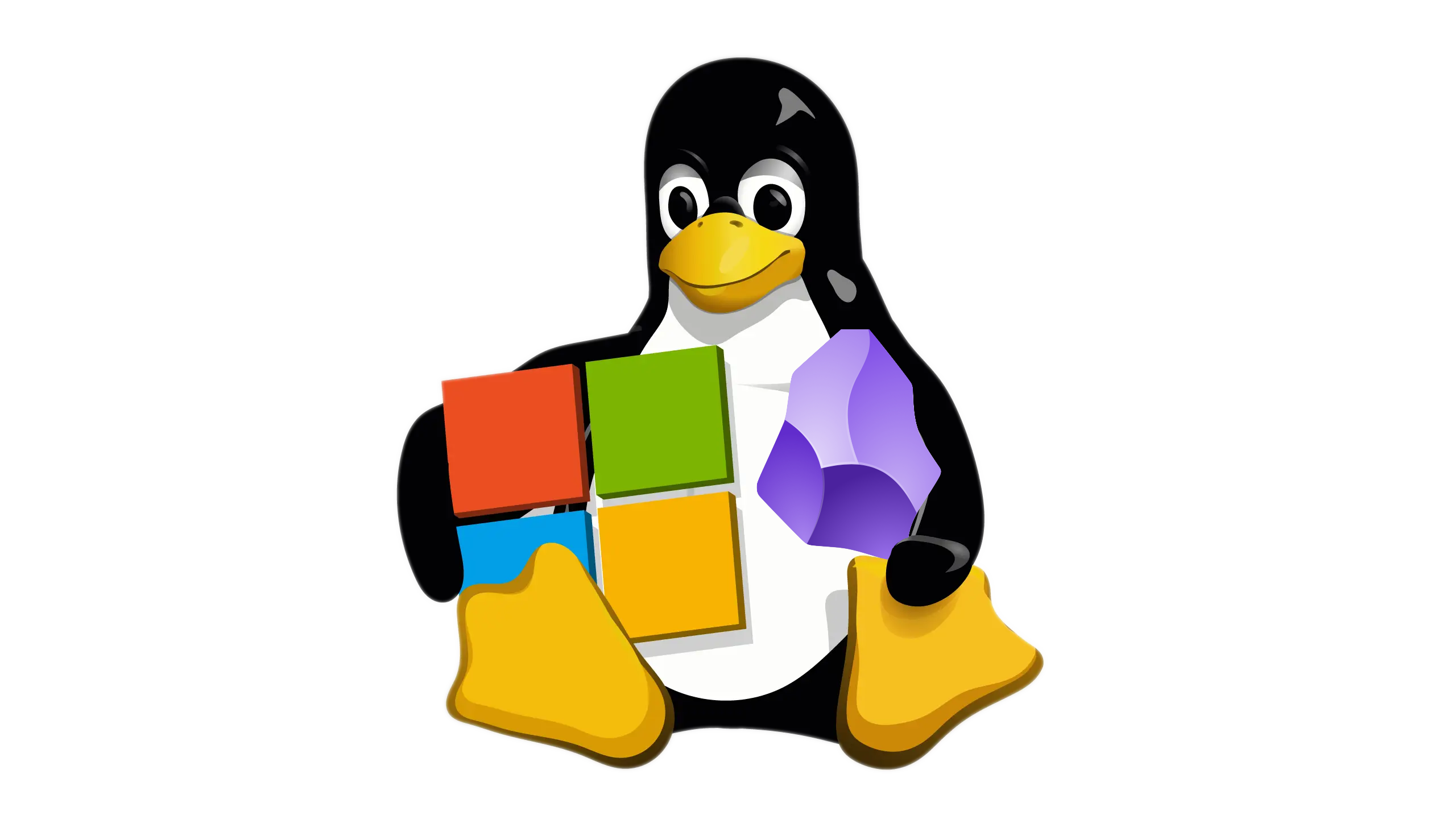 Tux, the Linux penguin, holding the Microsoft Windows logo and the purple Obsidian logo